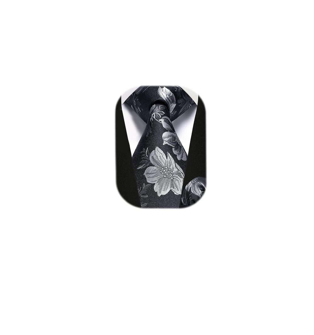 7397 Black Tie Floral Tie Pocket Square Set Classic Woven Necktie Wedding